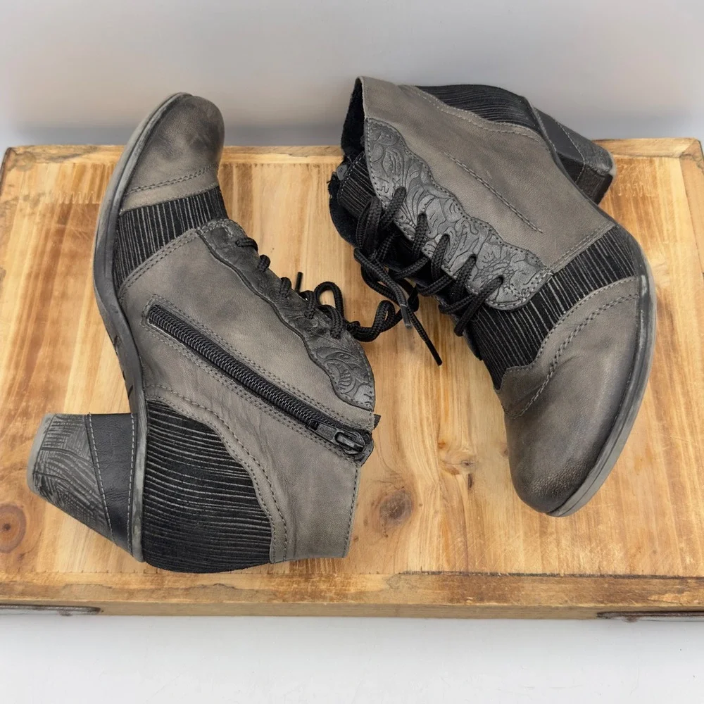 Remonte Ankle Boots Gray Leather Corduroy Victorian Lace Up Zip 37 6.5/7 Gothic